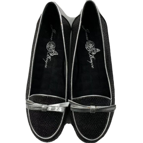 Joan Boyce Slip On Flats Shoes Size 7 Black Silver Bow Loafers Comfort Shimmer - Picture 10 of 11